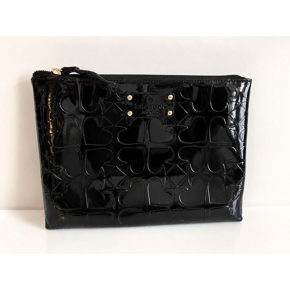 Kate Spade New York Black Patent Leather Embossed Spade Zip Clutch Wristlet